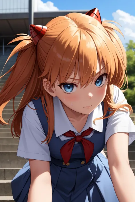(masterpiece, best quality:1.2), (tsurime:1.2),
(face focus, face close-up, close-up face:1.2), tsurime, 1girl, souryuu asuka langley, solo, blue eyes, school uniform, looking at viewer, long hair, looking back, tokyo-3 middle school uniform, orange hair, white shirt, from behind, shirt, short sleeves, closed mouth, bangs, two side up, stairs, feet out of frame, white socks, suspender skirt, blue skirt, blue dress, outdoors, dress, hair ornament,
 <lora:Tsurime:1>