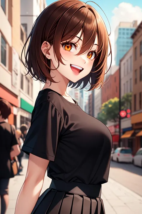 1girl, solo,
brown hair, short hair, hair between eyes, bangs,
orange eyes, long eyelashes, thick eyelashes, looking at viewer,
smile, :D,
black shirt, black skirt, pleated skirt,
medium breasts,
outdoors, city, upper teeth,