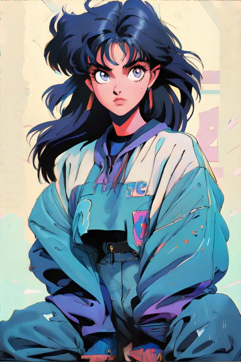 <lora:niji-1990:0.8>, woman wearing wearing 90s fashion: oversized primary colors pullover sweatshirt tucked, high-waist jeans, ...