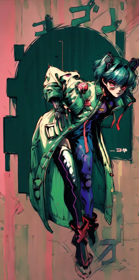 green hair, rabbit ears,  cyberpunk, cyborg, mechanical arms, mechanical legs, quadruple amputee, prosthesis, trench coat, masterpiece, high quality, looking at viewer, absurdres,  ghost in the shell stand alone complex, neon lights, neon trim, MenacingJojo, text, techwear, glowing eye, 1990s \(style\),  red eyes, military uniform, simple background, bokeh, plate carrier, marker \(medium\), speed lines, tactical clothes, science fiction,  