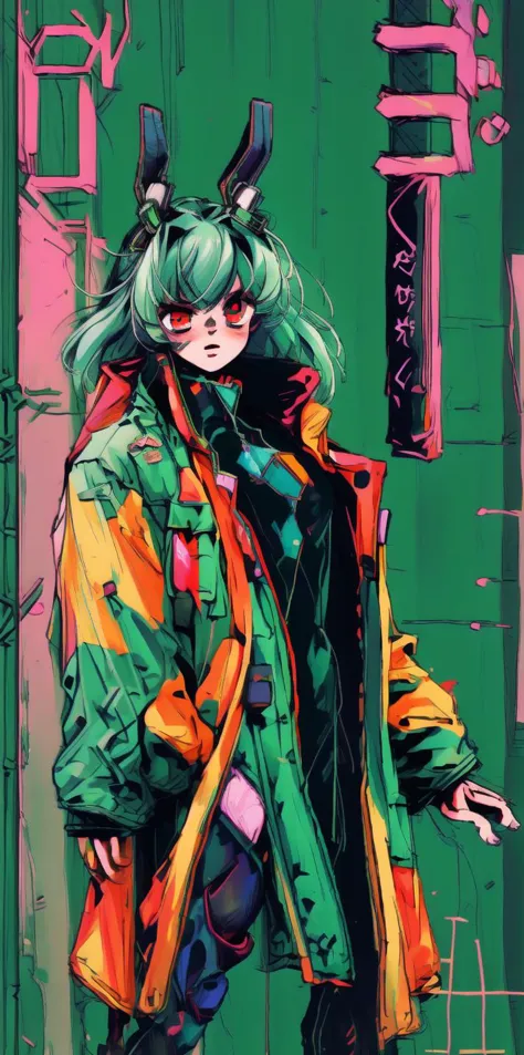 green hair, rabbit ears,  cyberpunk, cyborg, mechanical arms, mechanical legs, quadruple amputee, prosthesis, trench coat, masterpiece, high quality, looking at viewer, absurdres,  ghost in the shell stand alone complex, neon lights, neon trim, MenacingJojo, text, techwear, glowing eye, 1990s \(style\),  red eyes, military uniform, simple background, bokeh, plate carrier, marker \(medium\), speed lines, tactical clothes, science fiction,  