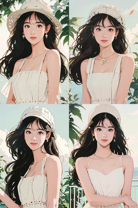 1girl, solo, long hair, dress, flower, hat, white dress, holding hat, holding, hat removed, smile, upper body, white flower, leaf, holding clothes, sun hat, headwear removed, bare shoulders, very long hair, closed mouth, facing viewer, bangs, <lora:1990:0.7>,