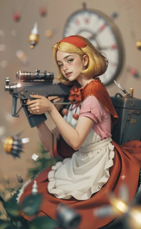 weapon, blonde hair, gun, basket, apron, red dress, red capelet, handguns, grenades, bomb, sparkle, skirt, red dress, weapons, arsenal, crates, bullet casings, (falling bullets:1.2), 
 handguns, submachine guns, assault rifles, rifles, sniper rifles, shotguns, light machine guns,
petite, focus,, looking at viewer,   sitting, 
ankymoore,  ( illustration:1.3),
 ,ankymoore, posing,
flat breast, flat chest, straight hair,  looking at viewer,   (masterpiece), , <lora:ankymoore:0.65>
solo, beautiful face,
( bright blond hair:1.5), short hair, (bushy hair:1.4), bangs, white headband,
(dynamic angle:1.2),
[(
,cute smile, smirk,
makeup, heavy red eyeliner, stephanie,
(best quality:1.2), absurdres, , (masterpiece, best quality),  
absurdres,   best quality, face focus, (8k, masterpiece:1.2),
bloom,accent lighting, film grain,
simple background, (blurry background:1.6),  (bokeh:1.3), bunker,
<lora:add_detail:0.2>  <lora:FilmG2:0.6>   ,<lora:lit:0.41>, <lora:stephanie_V2:0.55>
):8]
 <lora:bbh:1>
 <lyco:BetterGuns-V1:0.9>