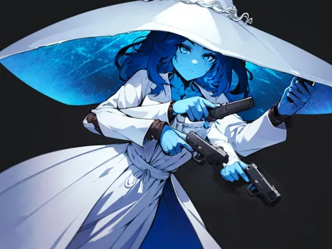 (best quality, ultra-detailed, best illustration, best shadow, masterpiece, high res, professional artwork, famous artwork), <lora:concept_betterGunsLocon_v10:1>, (holding, holding_gun:1.0), (handgun:1.2, pistol:1.5, trigger discipline, white dress, white sleeve), blue skin, blue hand, ranni