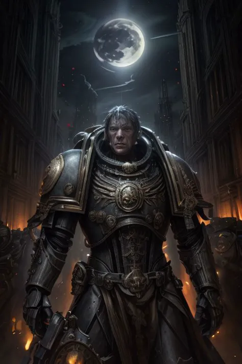 Metropolis-themed, urban, cityscape, lot of cathedrals, highly detailed, gothic steampunk style , dark at midnight with 2 red moons and misty sky,
,spaceships which looks like chathedrals flying at the sky,
,(masterpiece, best quality:1.4) , 
, space marine , Standing at a Battlefield,
,darkness,low key, action pose