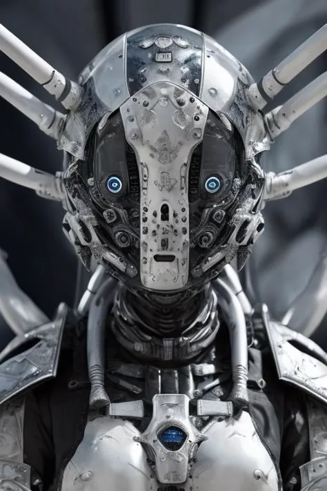 a close up of a robot with a helmet and a large metal object