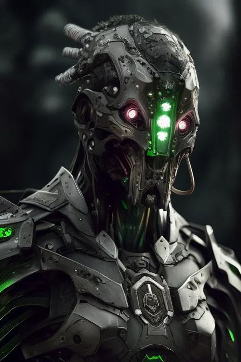 a close up of a robot with glowing eyes and a green light