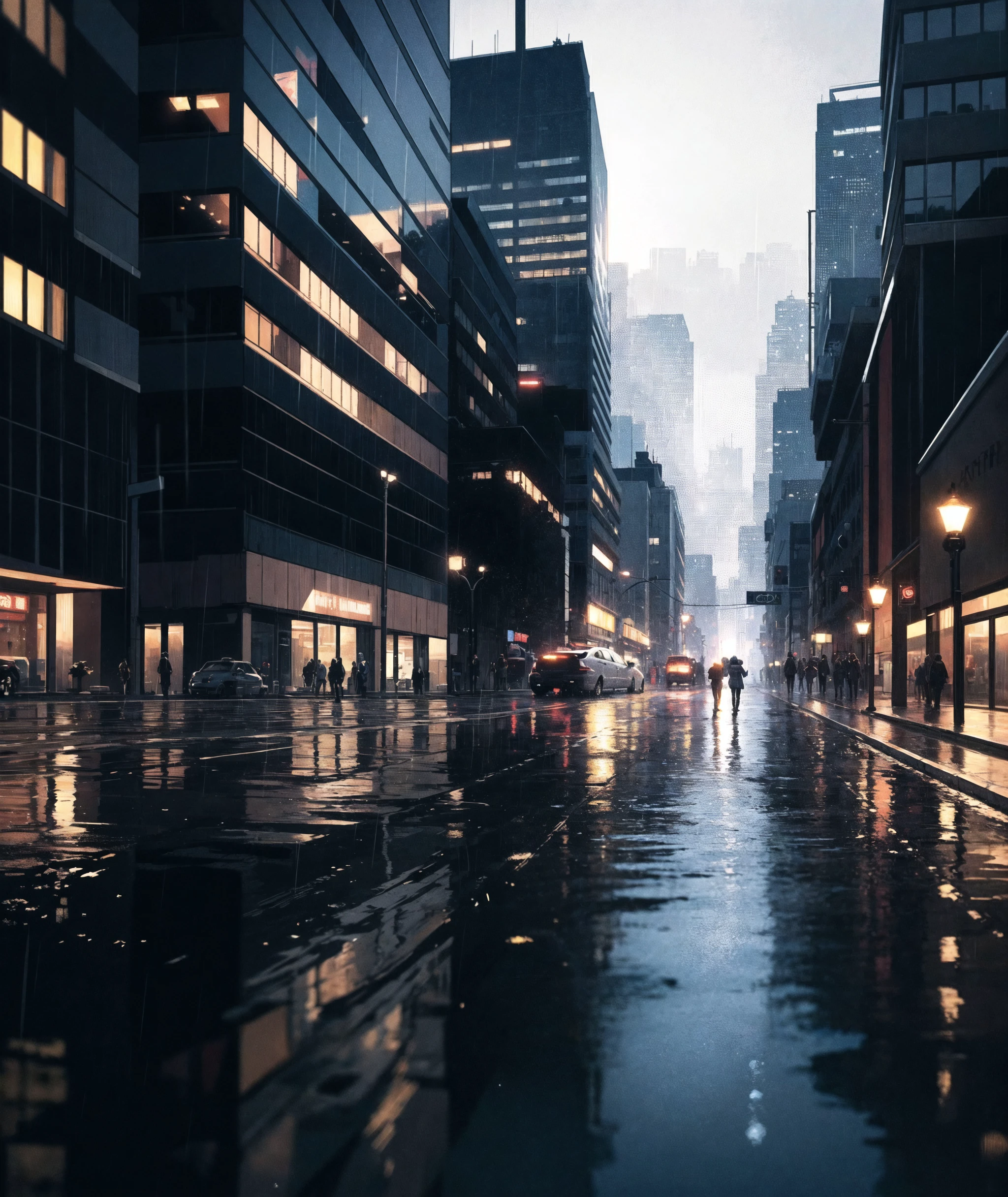 gRegeny, extrem detailliert,dynamische Beleuchtung, dunkel, Regen, Reflexion auf dem Wasser, futuristische Stadt