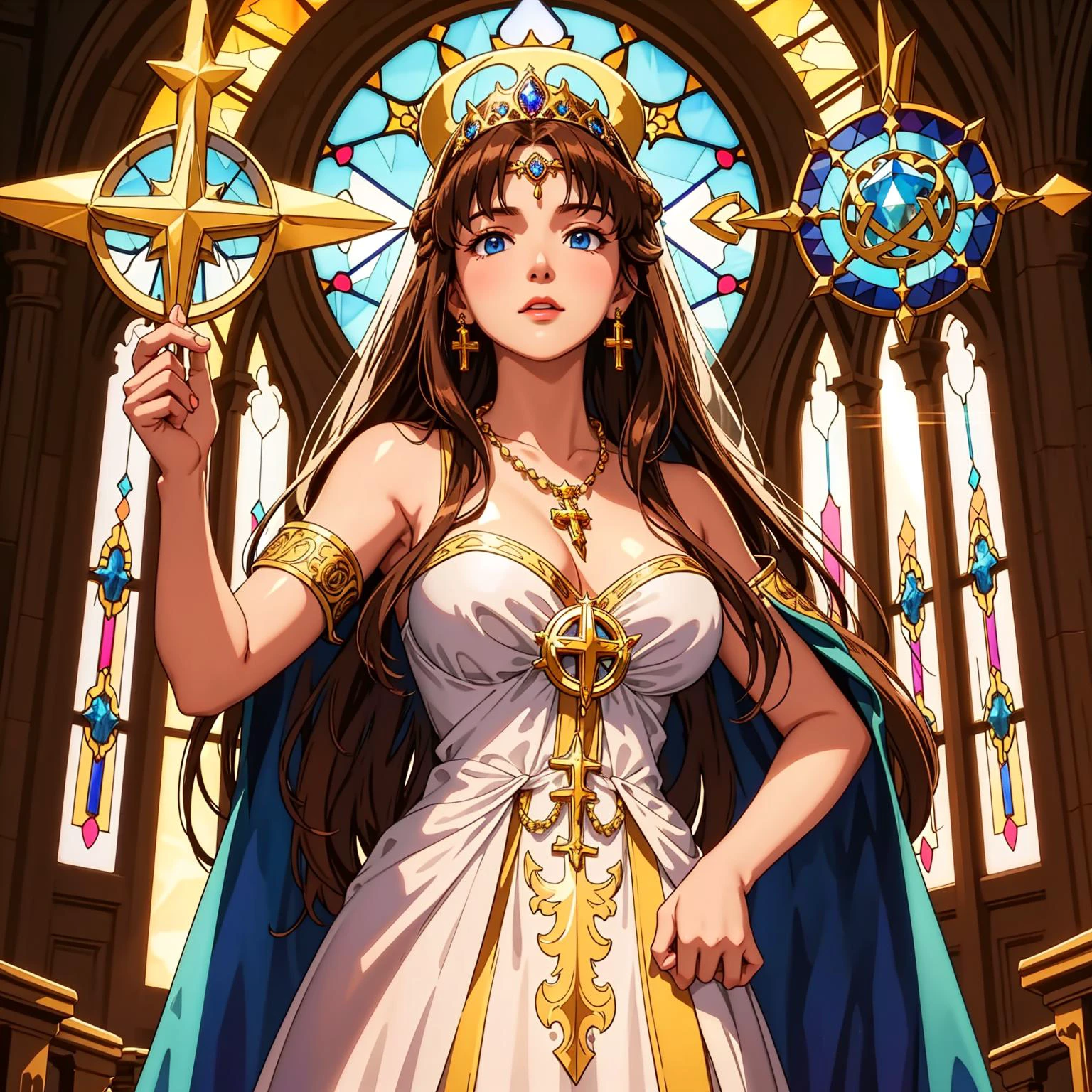 Hermosa iglesia, vidrieras, Cabello muy largo, Pelo castaño, blue eyes, tiara, pechos grandes, Santa Sacerdotisa, hermoso vestido de gala adornado, collar de cristal, pendientes de cristal, detallado, Intrincado, iluminación cinematográfica, atardecer, sosteniendo el símbolo de la cruz dorada, de cerca