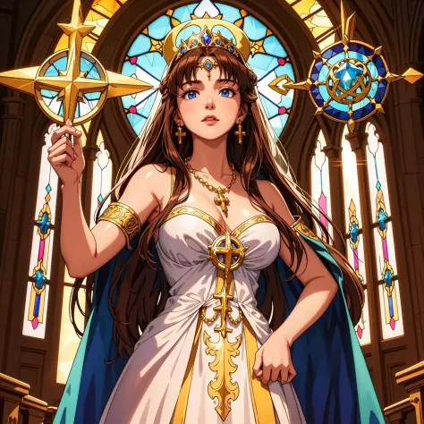 Beautiful church, stained glass windows, very long hair, brown hair, blue eyes, tiara, big breasts, holy priestess, beautiful or...