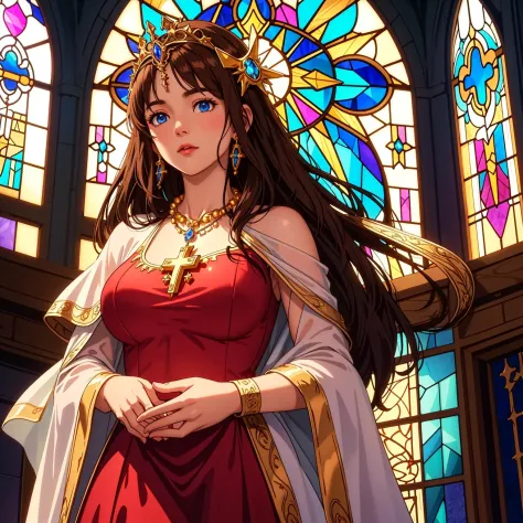 Beautiful church, stained glass windows, very long hair, brown hair, blue eyes, tiara, big breasts, holy priestess, beautiful or...