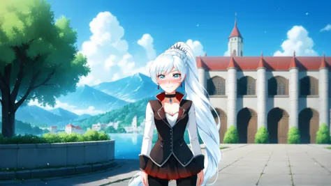 anime girl with long white hair standing in front of a building