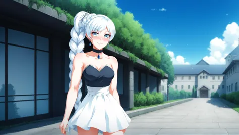 anime girl in a short dress walking down a street