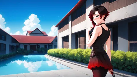 anime girl in a black dress standing in front of a pool