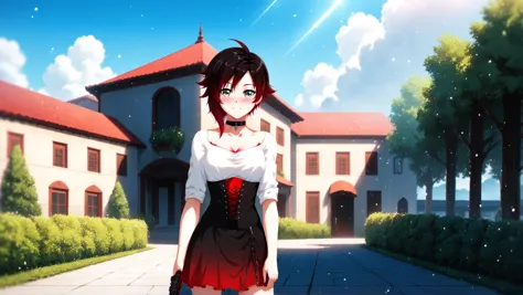 anime girl in a red dress walking down a street in front of a house