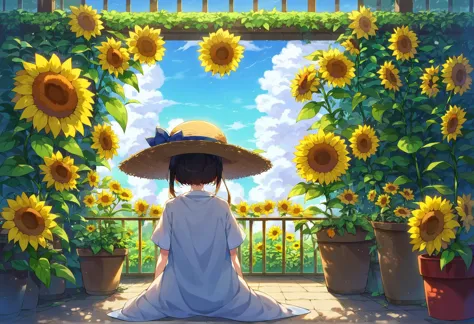 score_9, score_8_up, score_7_up, score_6_up, source anime,
anime scene of a woman sitting on a porch, sunflower, sky, cloud, flower, morning glory, blue sky, hydrangea, cloudy sky, potted plant, day, yellow flower, horizon, garden, hat,
masterpiece, best quality, very aesthetic, absurdres,
<lora:detailed_backgrounds_v2:0.8>