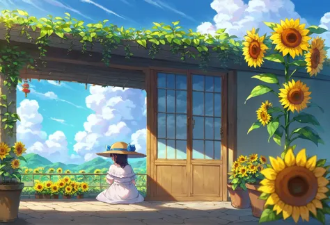 score_9, score_8_up, score_7_up, score_6_up, source anime,
anime scene of a woman sitting on a porch, sunflower, sky, cloud, flower, morning glory, blue sky, hydrangea, cloudy sky, potted plant, day, yellow flower, horizon, garden, hat,
masterpiece, best quality, very aesthetic, absurdres,
<lora:detailed_backgrounds_v2:0.8>