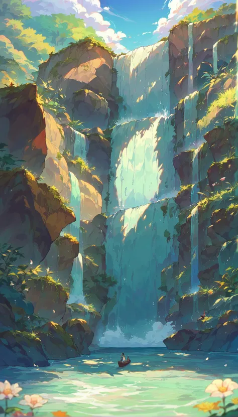 score_9, score_8_up, score_7_up, score_6_up, source anime, scenery,
waterfall in a rocky area with a small boat in the water, wa...