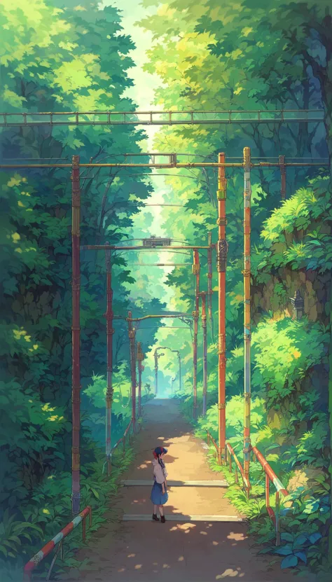 score_9, score_8_up, score_7_up, score_6_up, source anime,
a girl standing on a train track, tree, nature, forest, bush, grass, ...