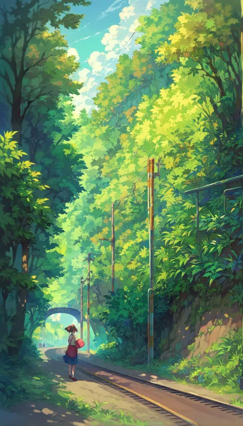 score_9, score_8_up, score_7_up, score_6_up, source anime,
a girl standing on a train track, tree, nature, forest, bush, grass, ...