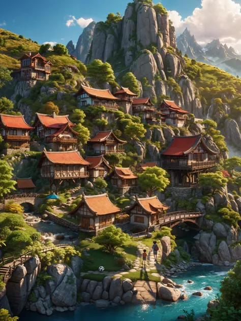 Un magnifique royaume de village fantastique hyperréaliste, aux couleurs vives et aux montagnes rocheuses avec des arbres en arrière-plan, semble intemporel, qui rappelle le Studio Ghibli, professionnel and 4K|8k hdr, showcasing très détaillé, extremely haute résolution details, Le réalisme photographique est poussé à l'extrême, avec des textures fines incroyablement réalistes, Contrasté avec un contraste élevé de lumière solaire vive et d'ombre sombre, minimaliste, Rigide, Spectaculaire, professionnel, attrayant, bien éclairé, haute résolution, axé sur l&#39;immobilier, Résidentiel, très détaillé, Art d'un point de vue américain, 