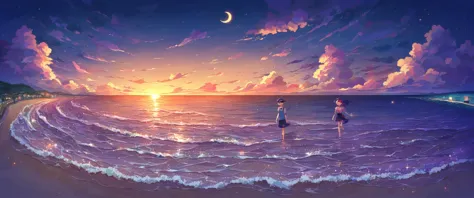 score_9, score_8_up, score_7_up, score_6_up, source anime,
a woman standing on the beach at night, scenery, starry sky, star \(sky\), sky, shore, ocean, night sky, night, beach, horizon, city lights, cloud, water, moon, crescent moon, waves, sunrise, twilight, light particles, walking on liquid, cloudy sky, sunset, 1girl, 
masterpiece, best quality, very aesthetic, absurdres,
<lora:detailed_backgrounds_v2:0.8>