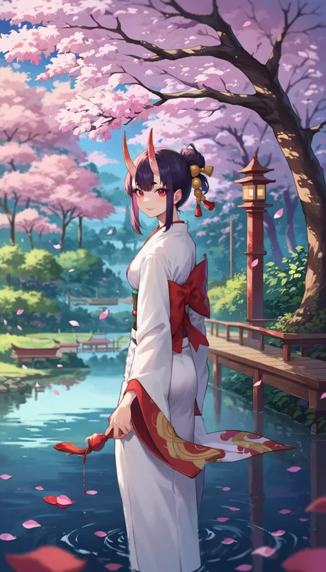 score_9, score_8_up, score_7_up, score_6_up, source anime,
anime style image of a river with trees and lights in the background, scenery, cherry blossoms, tree, petals on liquid, ripples, reflection, depth of field, east asian architecture, 
1girl, white kimono, oni, tsunokakushi, looking at viewer, red eyes, light smile,
masterpiece, best quality, very aesthetic, absurdres,
<lora:detailed_backgrounds_v2:0.8>