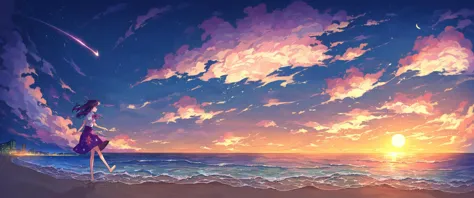 score_9, score_8_up, score_7_up, score_6_up, source anime,
a woman standing on the beach at night, scenery, starry sky, star \(sky\), sky, shore, ocean, night sky, night, beach, horizon, city lights, cloud, water, moon, crescent moon, waves, sunrise, twilight, light particles, walking on liquid, cloudy sky, sunset, 1girl, 
masterpiece, best quality, very aesthetic, absurdres,
<lora:detailed_backgrounds_v2:0.8>