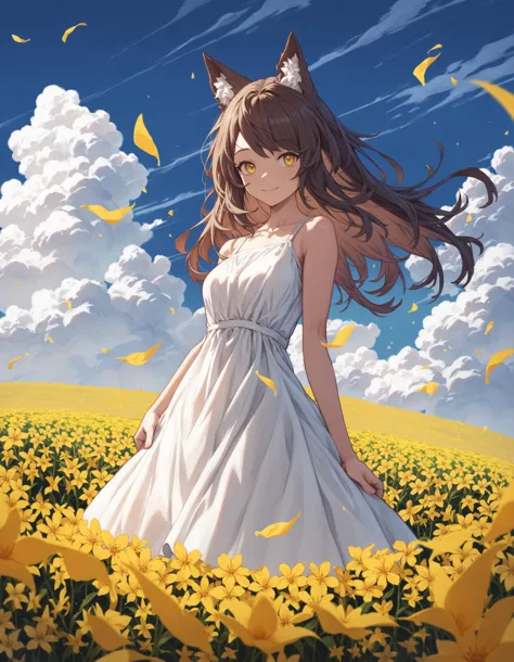 a woman in a white dress standing in a field of flowers