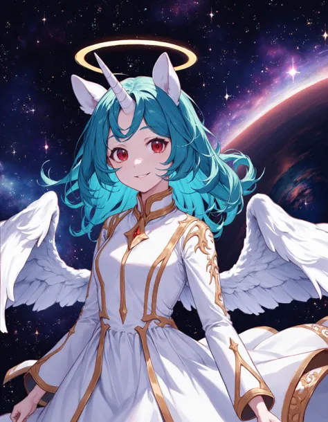 a woman with blue hair and angel wings standing in front of a planet