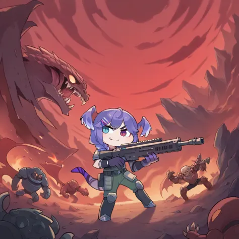 score_9, score_8_up, score_7_up, score_6_up, chibi, 
girl wearing doomguy armor, holding a assault rifle, (demons,  mutant, monsters, outdoors, surrounded,:1.3)  smirk, hell, red sky, gunfire, 
selen tatsuki, hair ornament, hairclip, twin braids, medium hair, dragon tail, dragon girl, doomguy, doom \\(series\\), 
<lora:Komainu_channel-step00002500:0.7>, <lora:Selen_Tatsuki_for_PonyXL:1>,