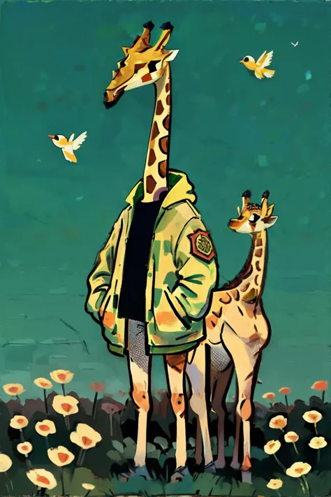 <lora:childillustration:0.8>, illustration of Giraffe (animal) wearing Field Jacket, standing, no humans || masterpiece, perfect...