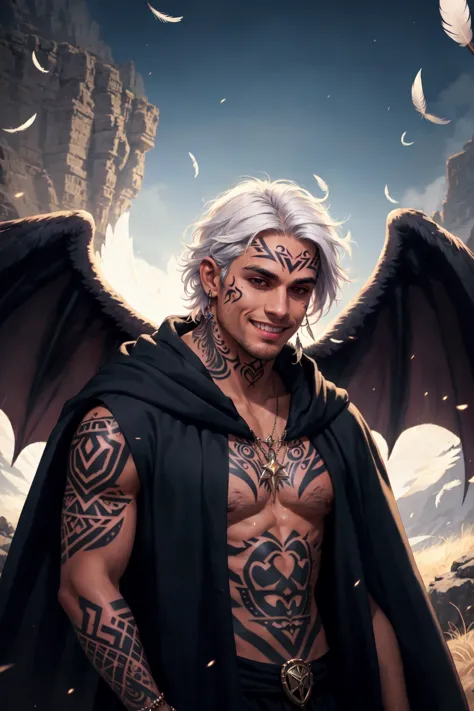 a man with a tattoo on his chest and wings