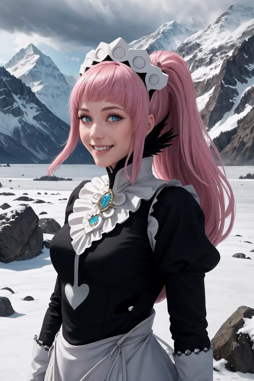 masterpiece, best quality, 1girl, solo, feliciadef, smile, looking at viewer, upper body, maid, maid headdress, fantasy, winter, snow, ice, mountainous horizon, grey sky, pink hair