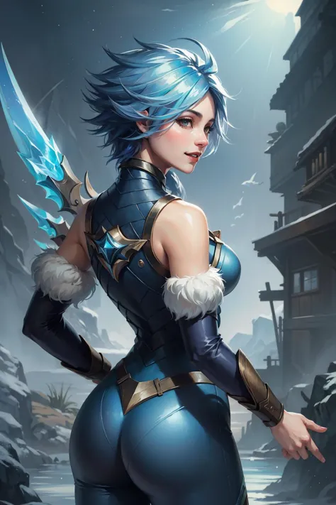 (obra maestra:1.4), (mejor calidad:1.2), Frostblade Irelia, 1 chica, cabello corto, pelo azul, mono, mangas separadas, sonrisa, es, Parte superior del cuerpo, tiro de vaquero,