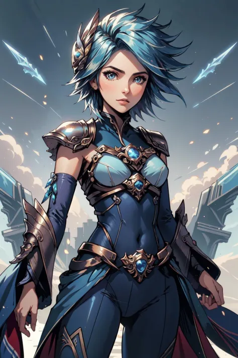 (masterpiece, best quality), intricate details, (fractal art:1.2), 
  frostblade irelia, 1girl, short hair, blue hair, bodysuit, detached sleeves,