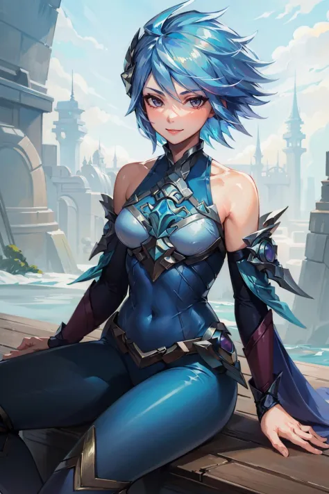 (Masterpiece:1.4), (best quality:1.2), <lora:Frostblade_Irelia-000020:0.8>, frostblade irelia, 1girl, short hair, blue hair, bodysuit, detached sleeves, smile, closed mounth, sitting, looking at viewer, upper body, cowboy shot,