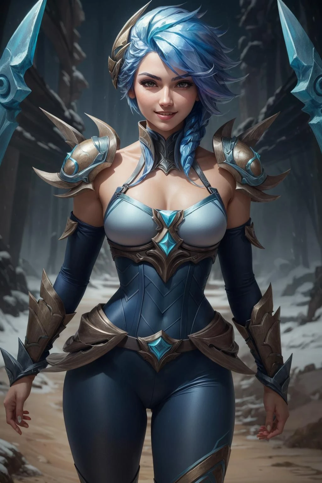 (Masterpiece:1.4), (best quality:1.2), frostblade irelia, 1girl, short hair, blue hair, bodysuit, detached sleeves, smile, looking at viewer, upper body, cowboy shot,
