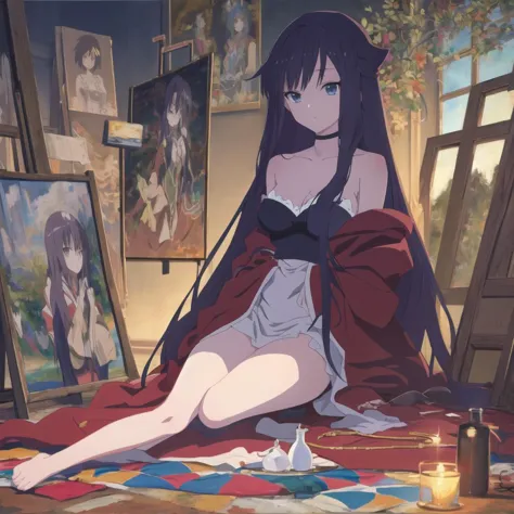 anime girl sitting on the floor in front of a painting