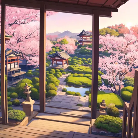 a painting of a japanese garden with a view of a pagoda