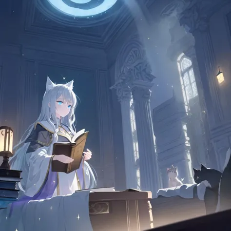 anime girl reading a book in a room with a cat