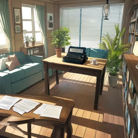 living room, couch, window, curtains, dappled sunlight, potted plant, table, cabinet,bookshelf, paper, desk lamp, typewriter