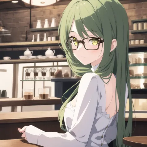 anime girl with green hair and glasses sitting at a table