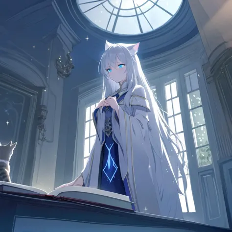 anime girl with long white hair and blue eyes standing in a room