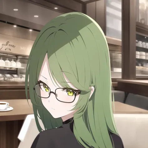 anime girl with green hair and glasses sitting at a table