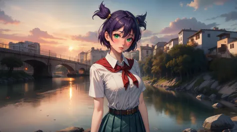 anime girl with purple hair and green eyes standing by a river