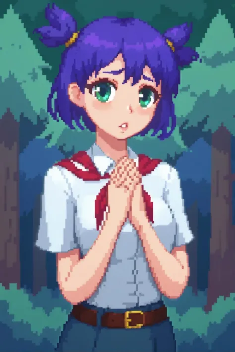 score_9,score_8_up,score_7_up,c0ne,pixel art,1girl,un,purple hair,short hair,twintails,short twintails,green eyes,two side up,own hands together,looking_at_viewer,forest,pine_tree,parted_lips,, (white_shirt,red neckerchief,short sleeves,belt,skirt)