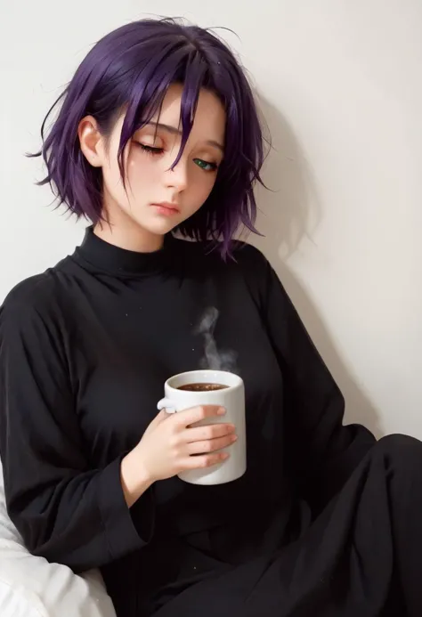 A close-up of a dishevelled girl holding a mug with messy hair, eyes half closed, looking tired, sleepy, long sleeves, white bac...