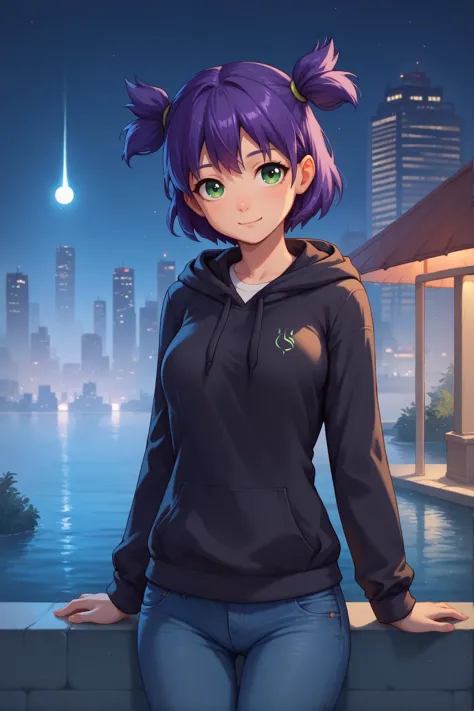 score_9,score_8_up,score_7_up,1girl,purple hair,short hair,twintails,short twintails,green eyes,two side up,cowboy shot,looking at viewer,hoodie,black jacket,jeans,outdoors,night,water,skyline,medium breasts,(smile:0.6),