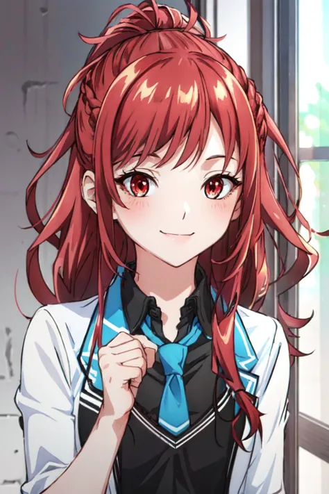 kaede, long hair, clenched hands, necktie, blush, looking at viewer, red eyes, blurry background, smile, ponytail, red hair, win...